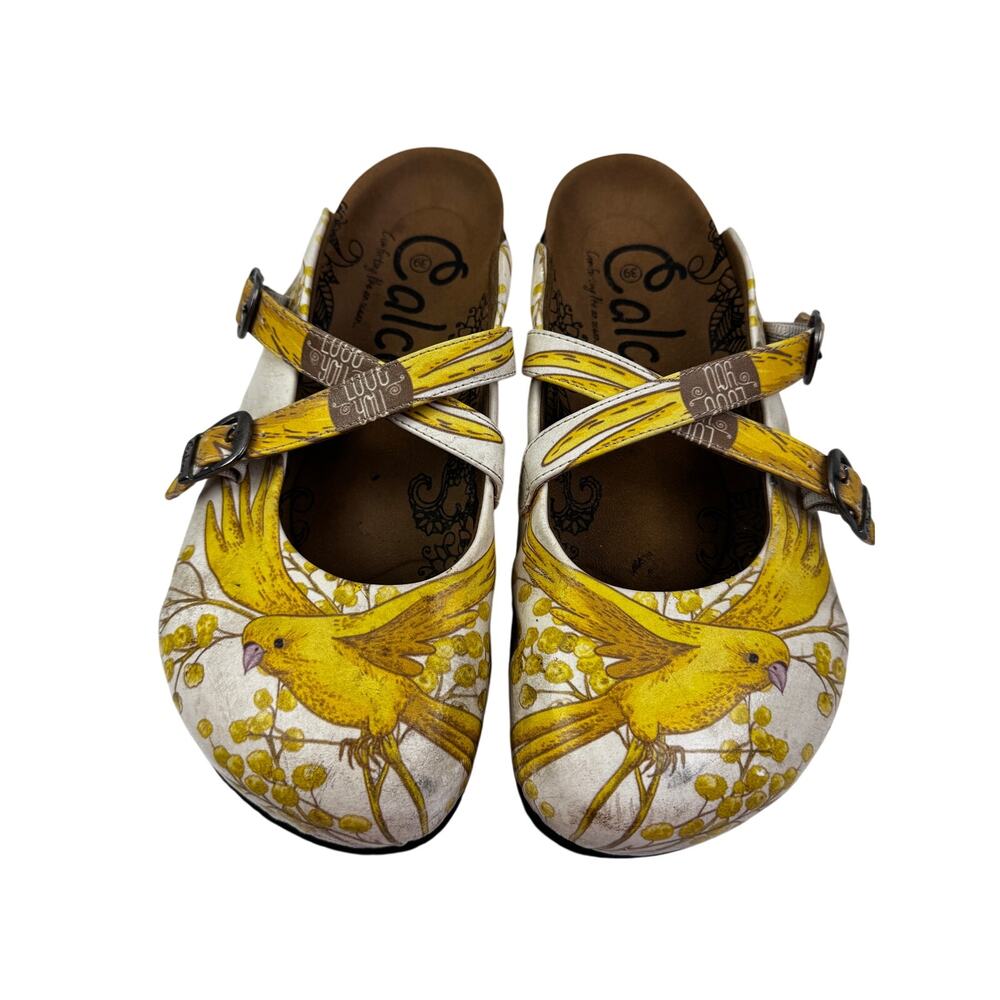 Calceo Floral Bird Yellow/Cream Cross Strap Comfort Clogs Women's Size 39/8.5